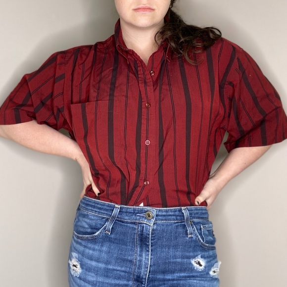 Vintage ‘Puritan’ Mens Short Sleeve Button Up Dark Red and Black Stripe Shirt - Picture 8 of 9